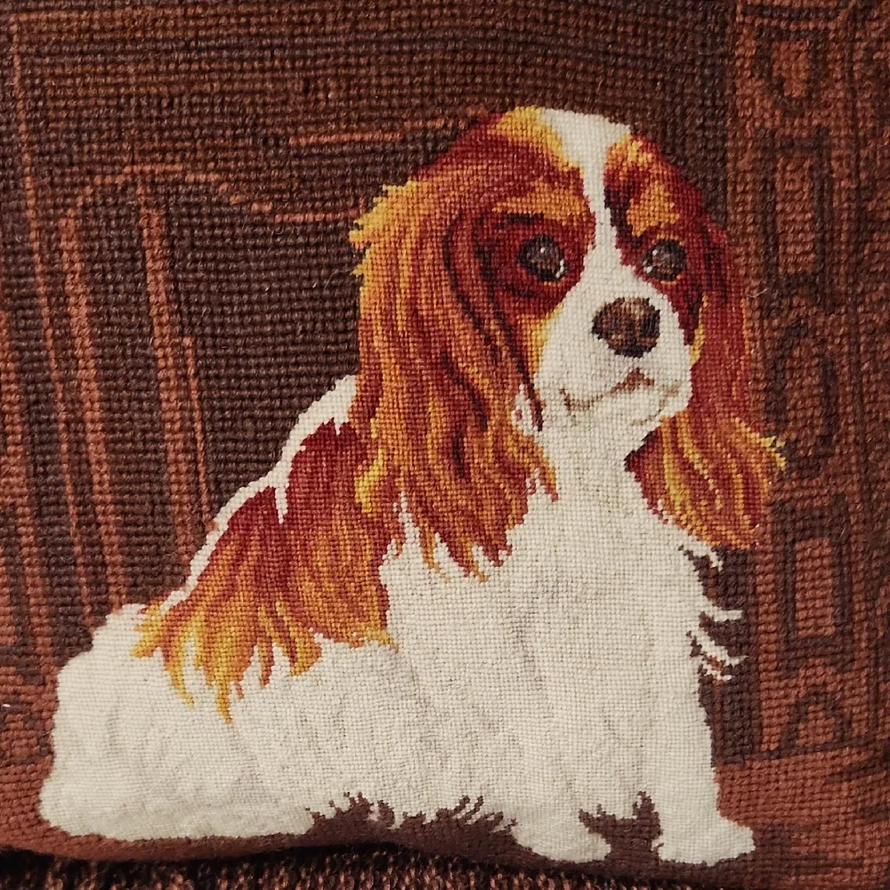 Cavalier King Charles Spaniel Vintage Wool Needlepoint Handmade Pillow 15 x 15